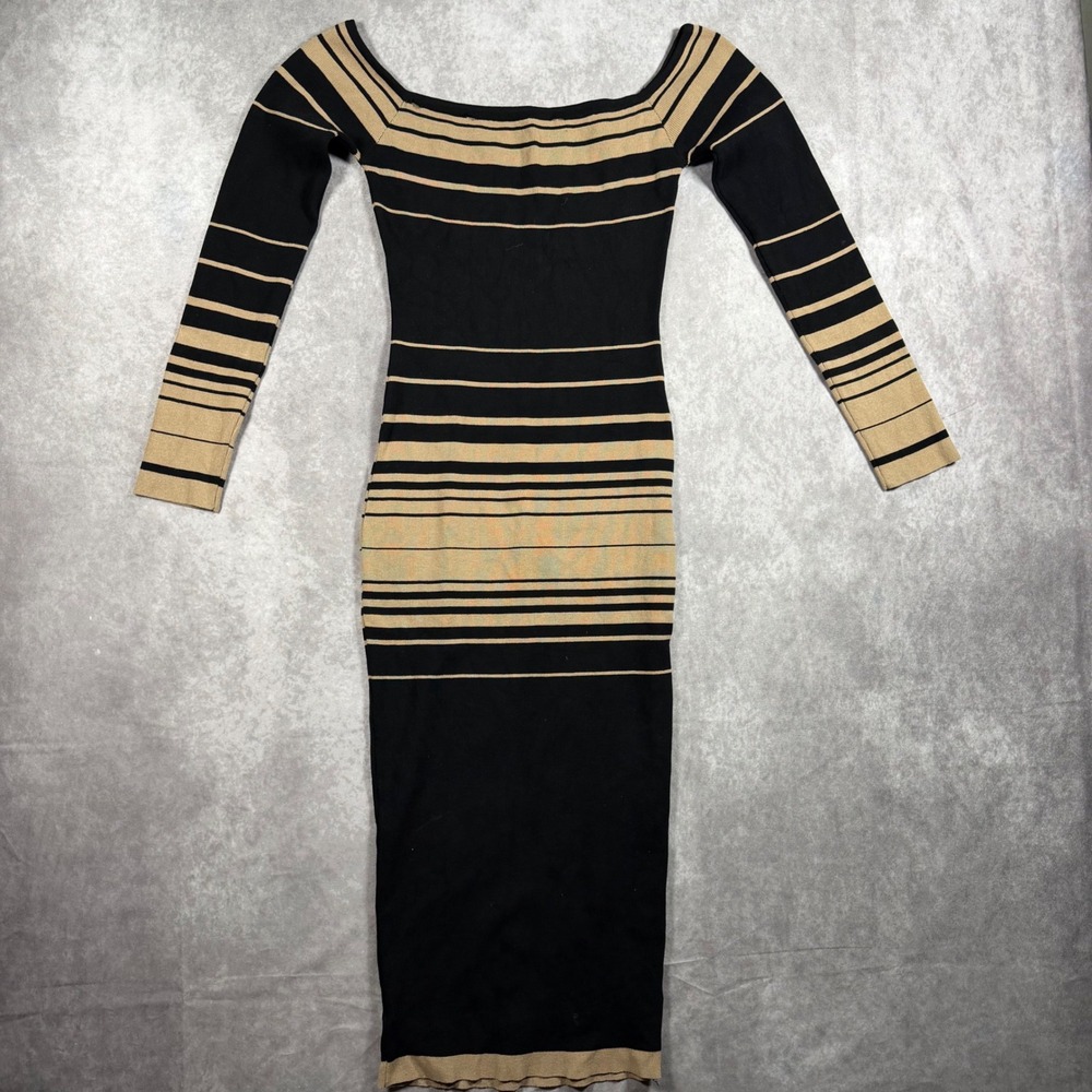 Fashion Nova Off Shoulder Bodycon Dress Womens L Black Tan Striped Ribbed Midi